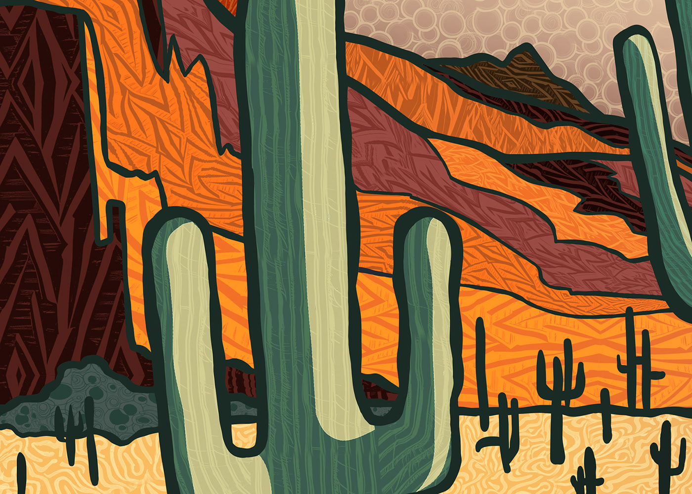 ILLUSTRATION  Patterns Landscape colorful desert cactus Drawing  Digital Art  Lineart illustration