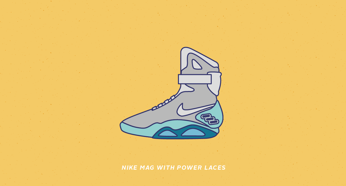 back to the futur Marty Mcfly future Stuff flat colors DeLorean Time Machine Nike Mag Power Laces hoverboard