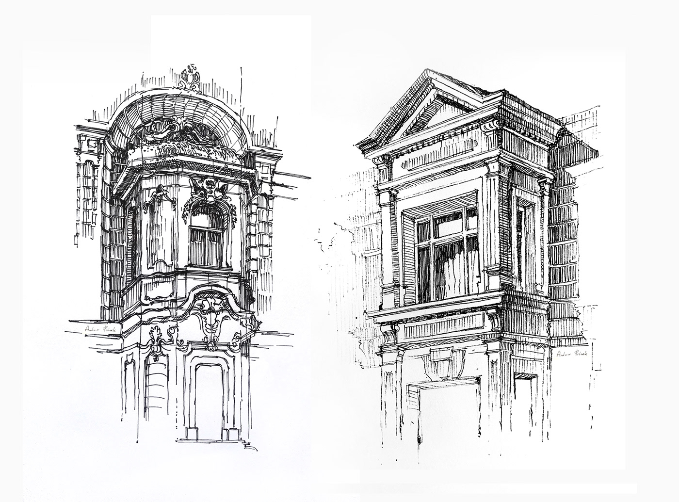 pen drawing historic building Architecture detail urban sketch Łódź piotrkowska