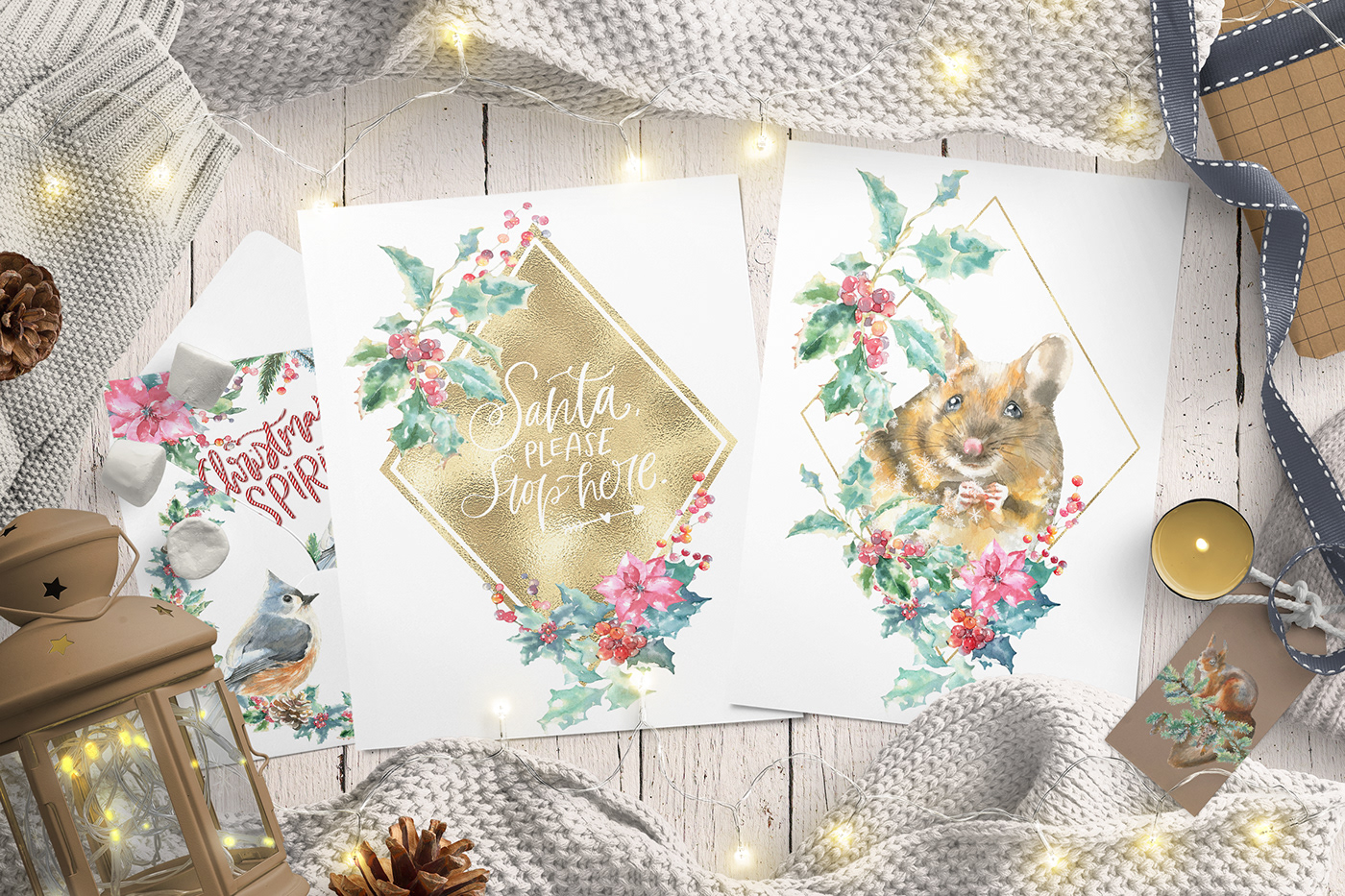 Christmas animal watercolor christmas watercolor winter mouse bird squirrel Merry Christmas card
