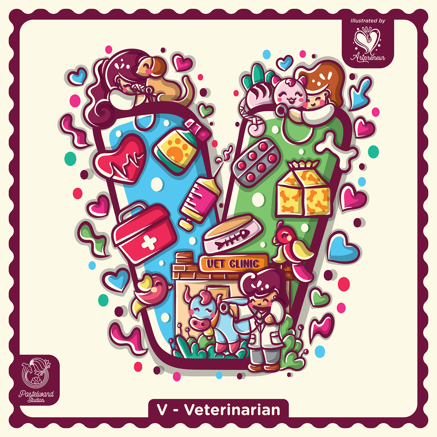 Cute chibi kawaii veterinarian characters with pets alphabet professions as a vector image.