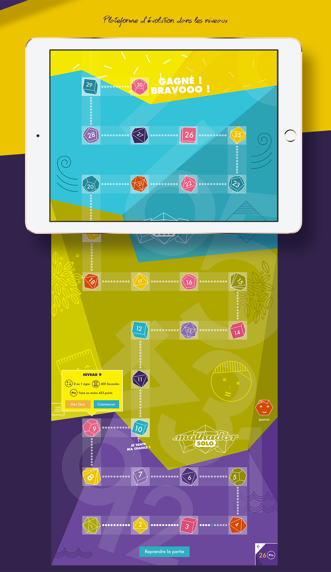 calculs mathématiques application mobile violet purple yellow ux UI
