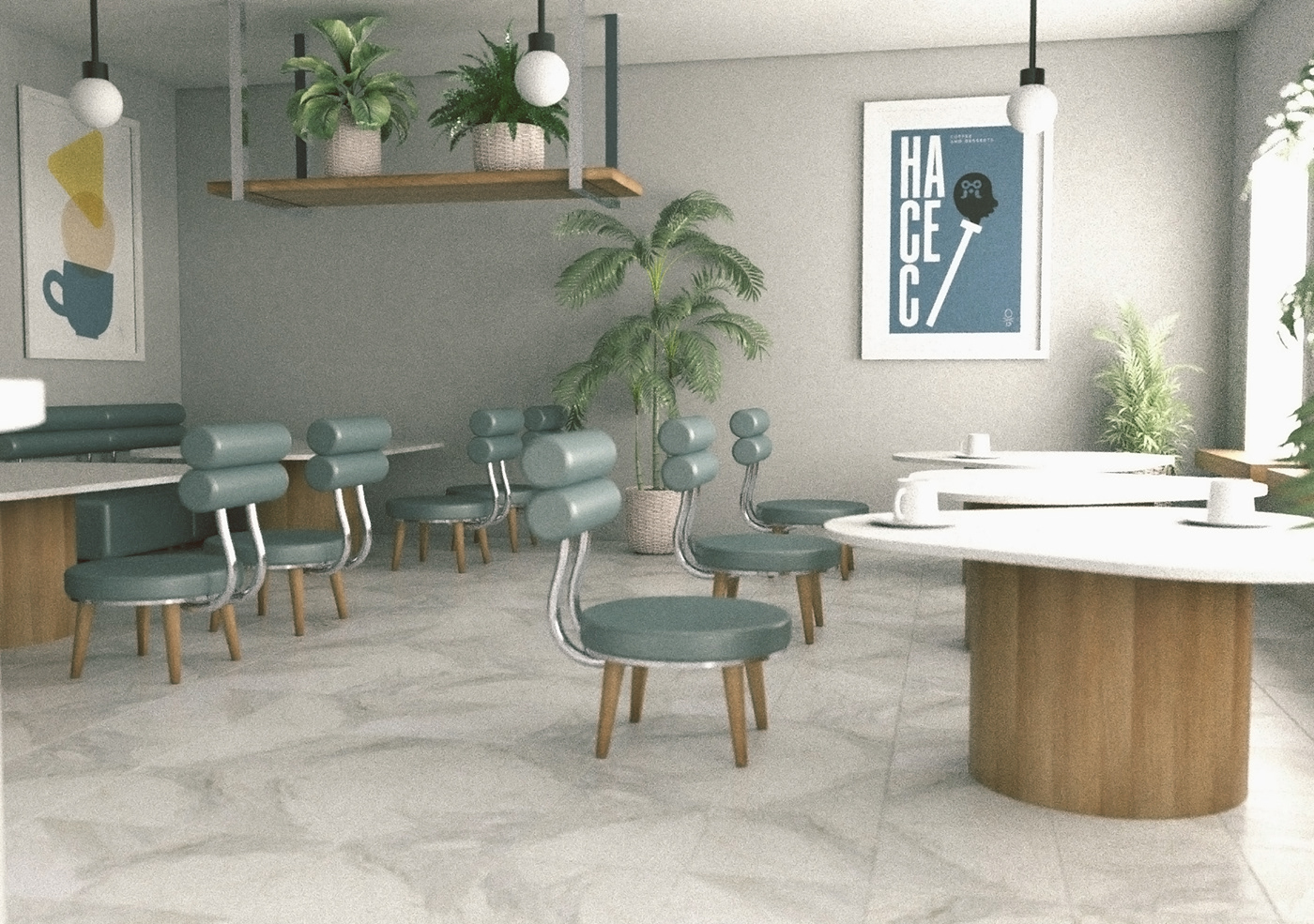3D branding  cafe Coffee futuristic Interior minimalistic Nature Retro vintage