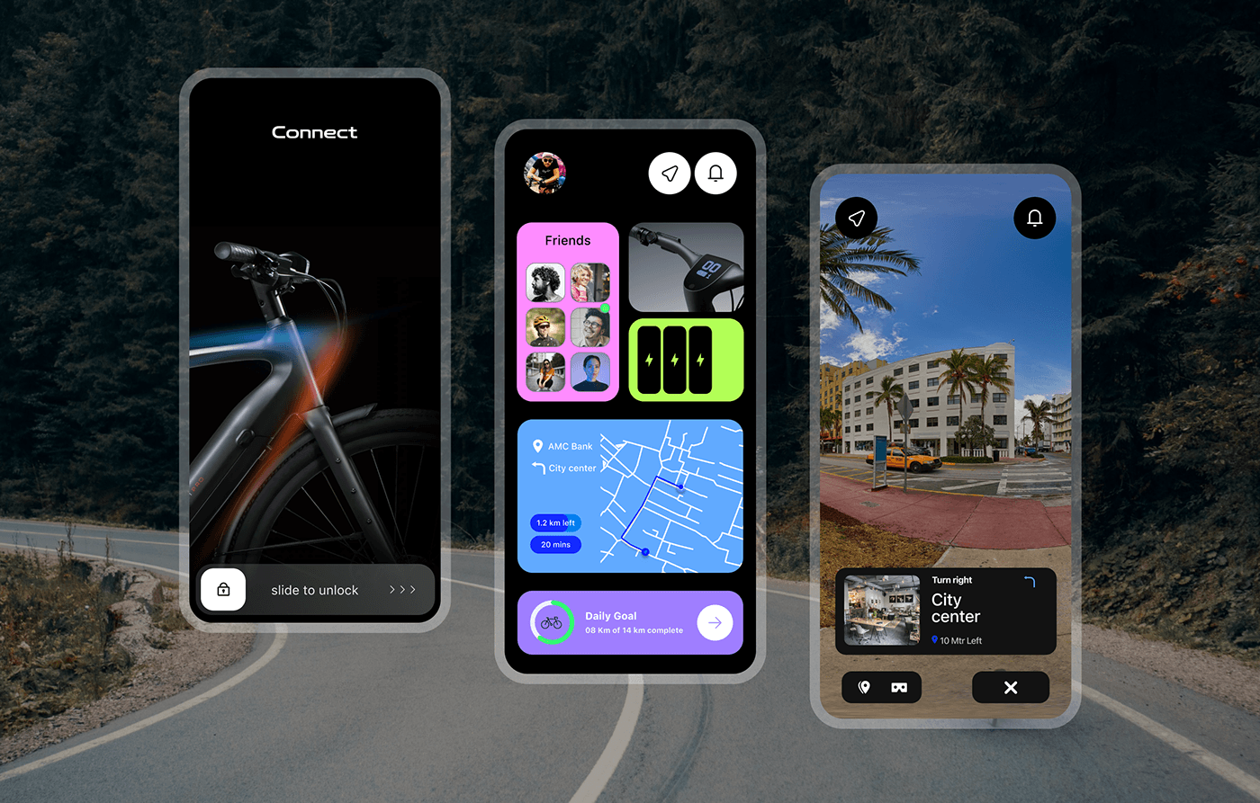Mobile app UX design dark theme Travel Cycle application cycle navigation e bike app e cycle connect Navigation Application