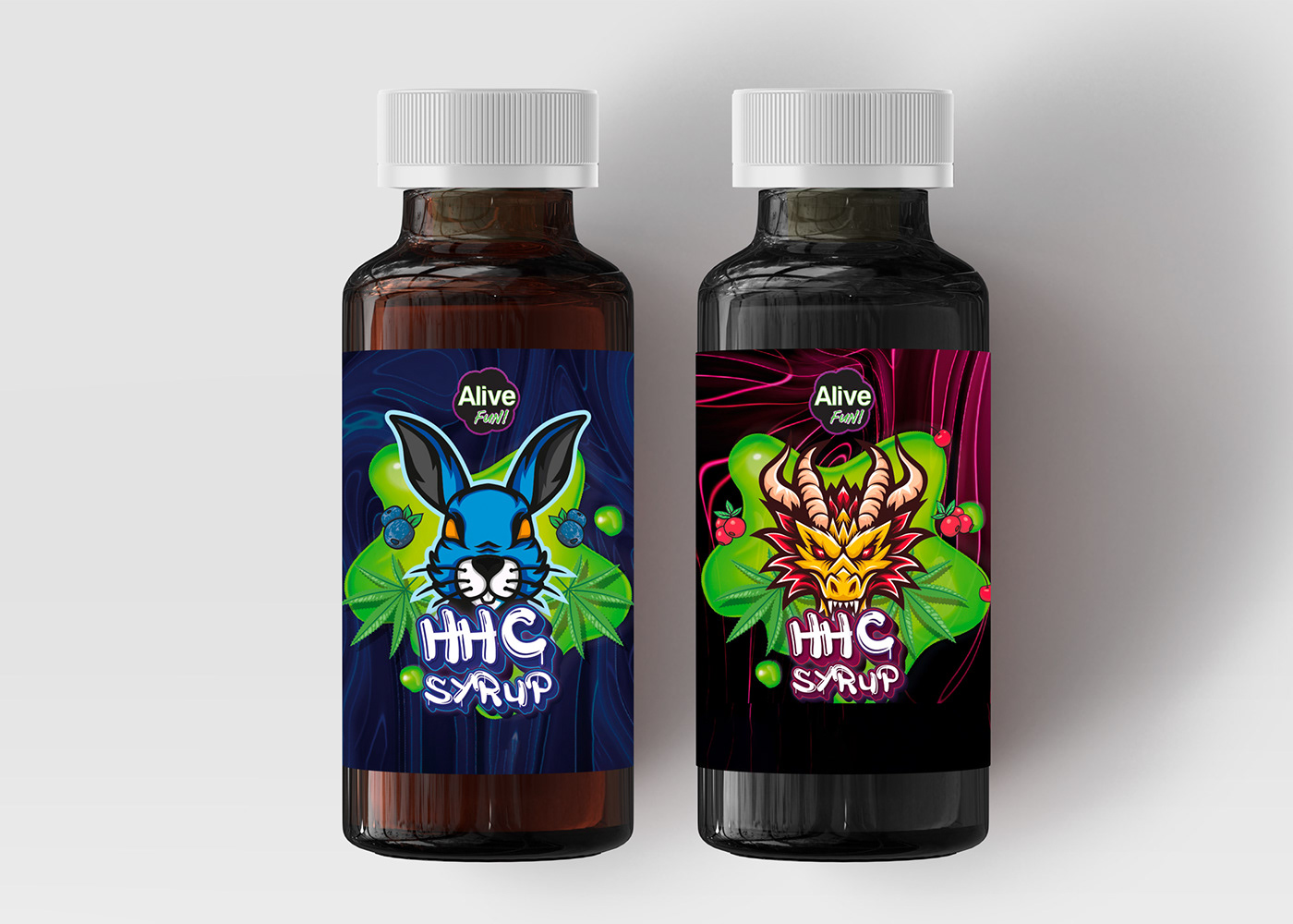 Diseño de etiquetas para los nuevos productos de la empresa Alive en sabor cereza y mora.