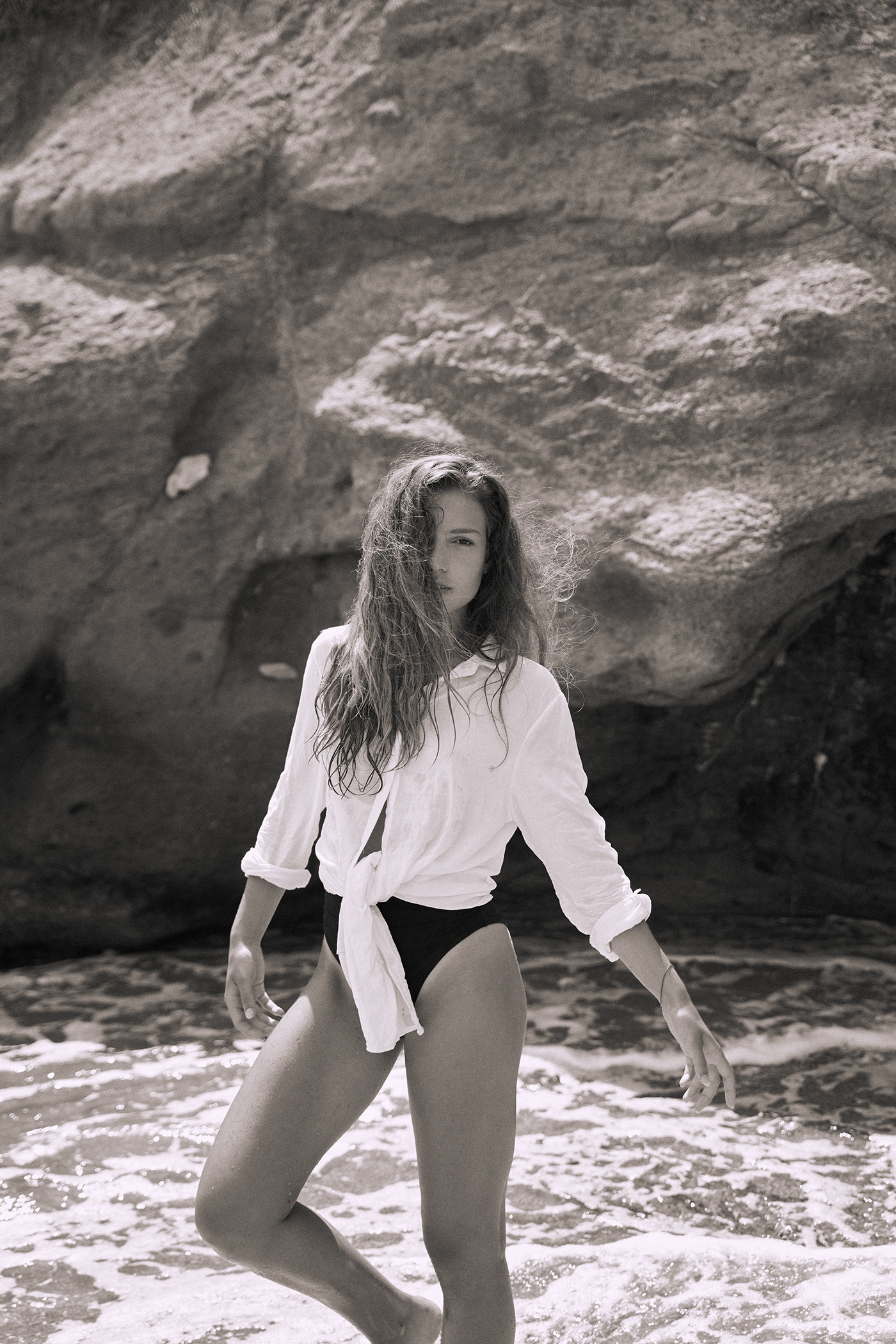 BW photography portrait beach rocks atmosphere black and white analog summer mood
