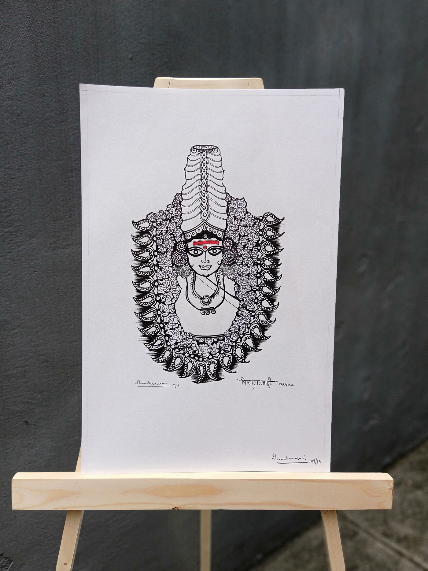 Drawing  sketch Devi Durga India festive black and white 9 days
