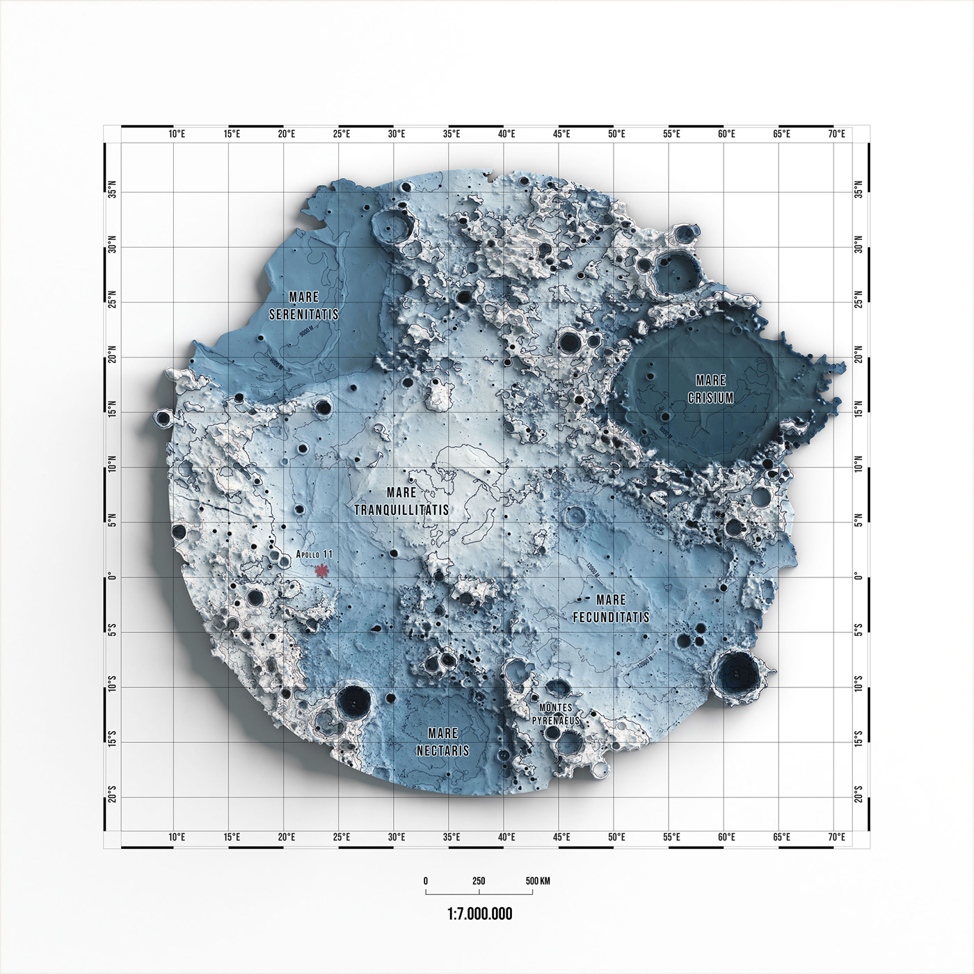 shaded relief moon topography map data visualization information design Poster Design #3D Design Apollo mission moon art space map
