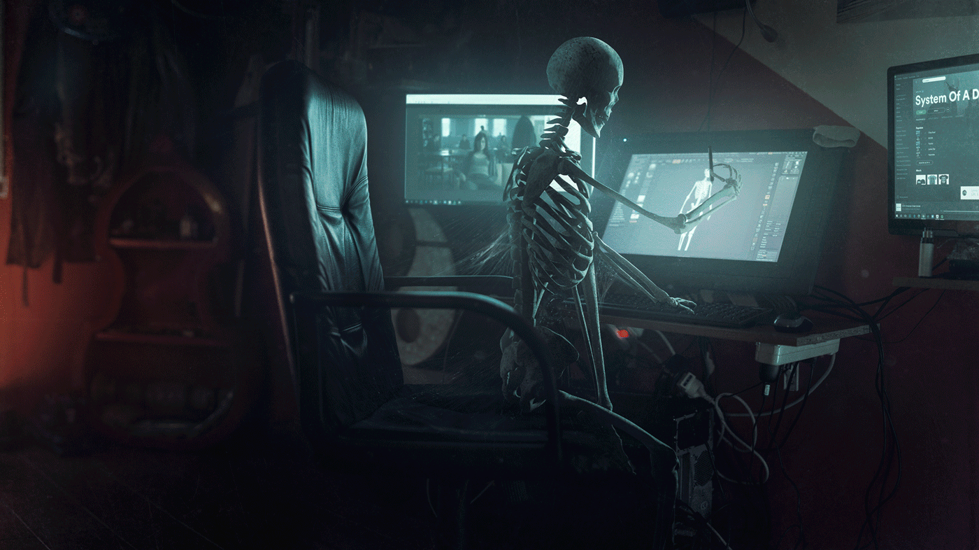 skeleton spidernet CGI 3D CG creative retoucher death VAT Cintiq