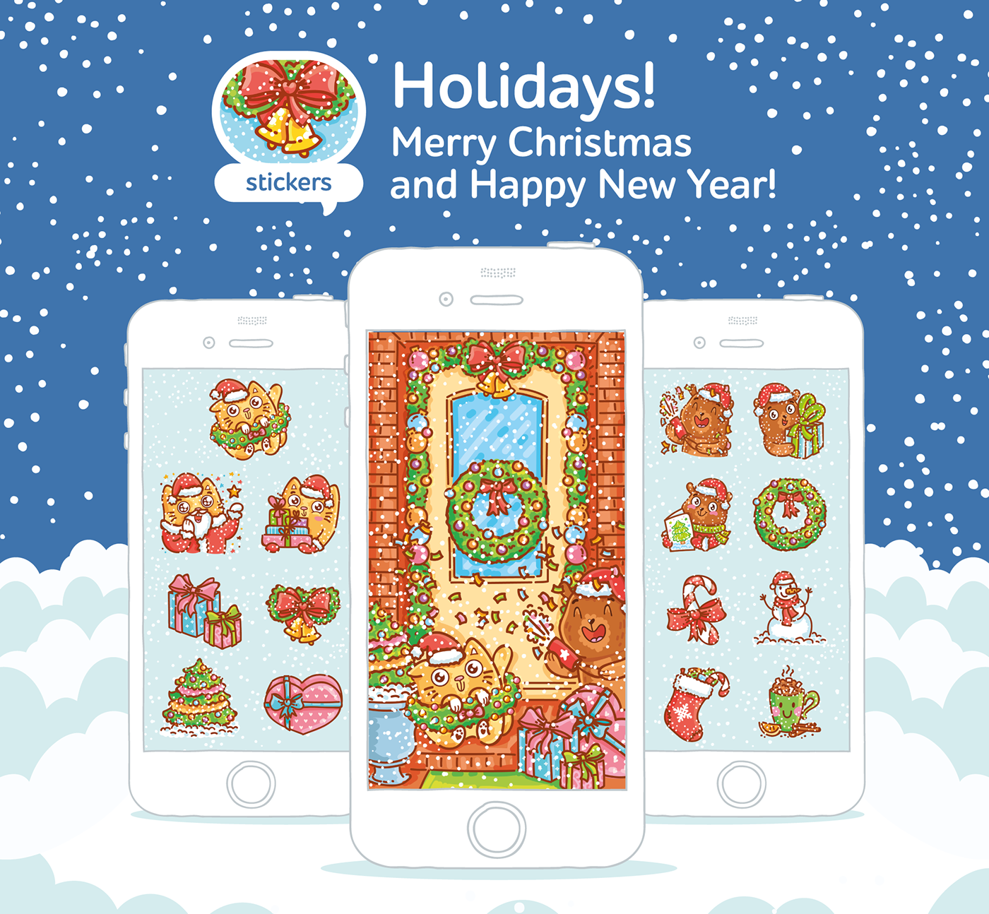 stickers holidays new year Christmas Merry Christmas imessage Cat bear cute snow