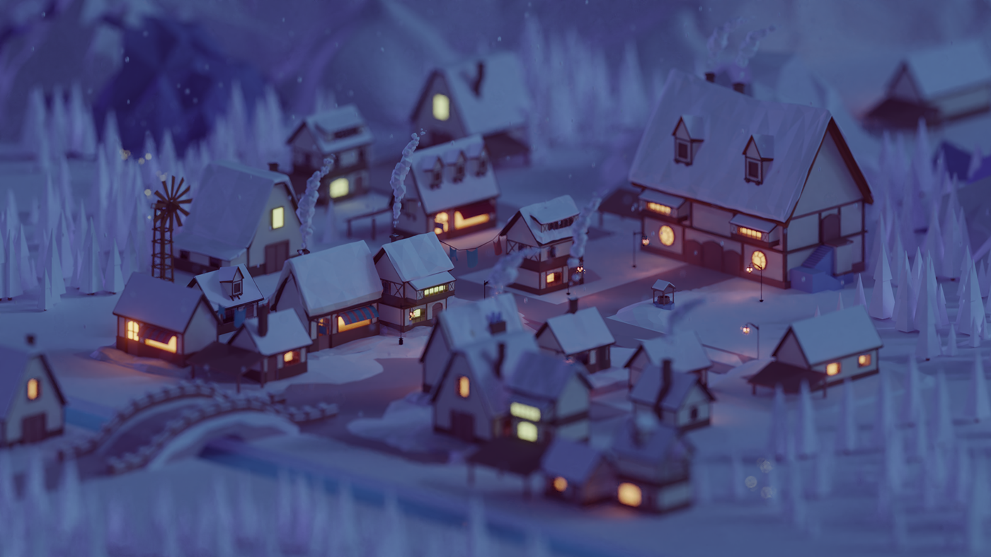 blender b3d Isometric village fantasy Low Poly snow lights glow