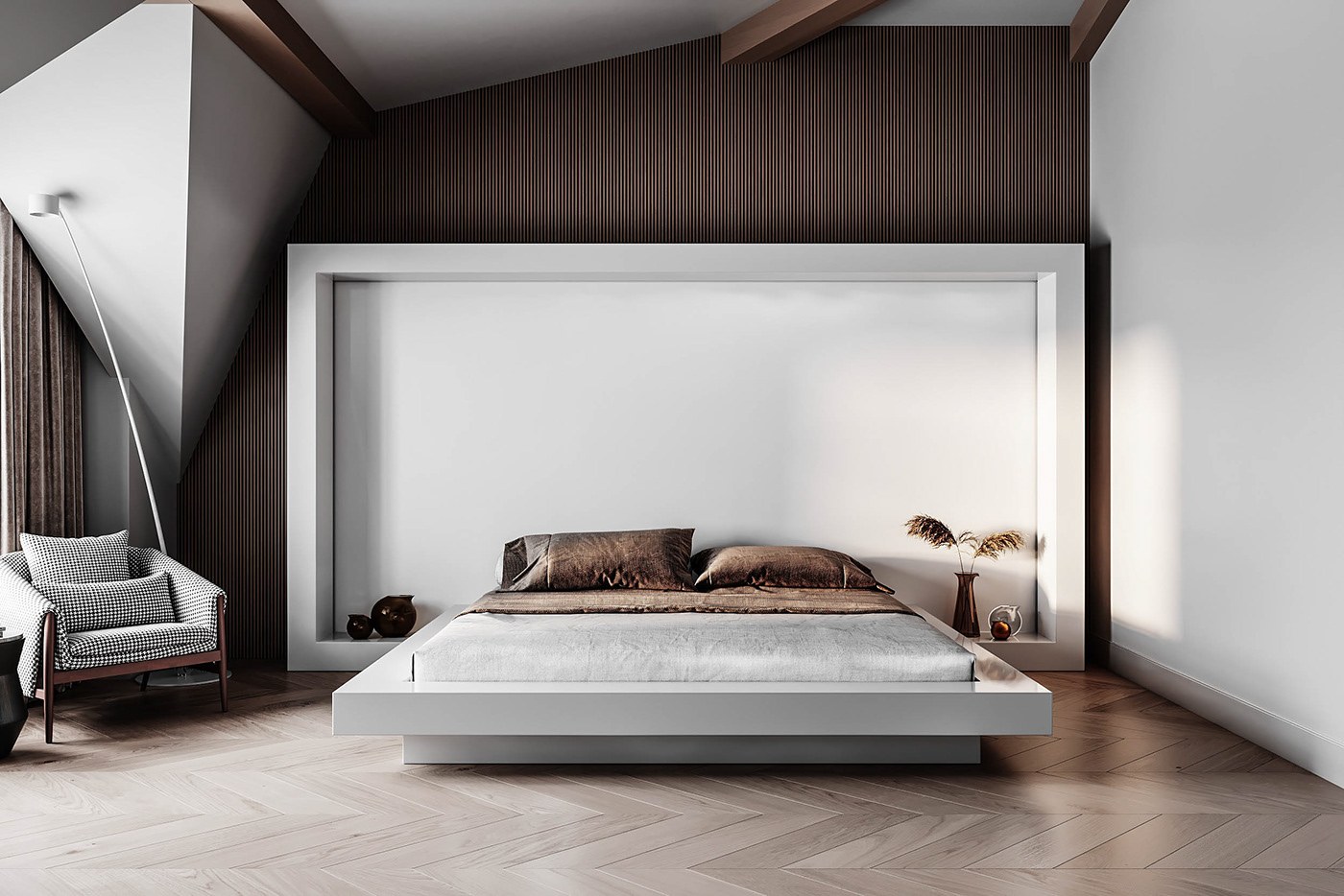 Interior chalet design wood White terazzo спальня ванная Attic Minimalism