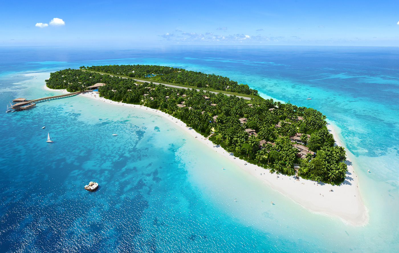 Tropical island aerial view 3d render