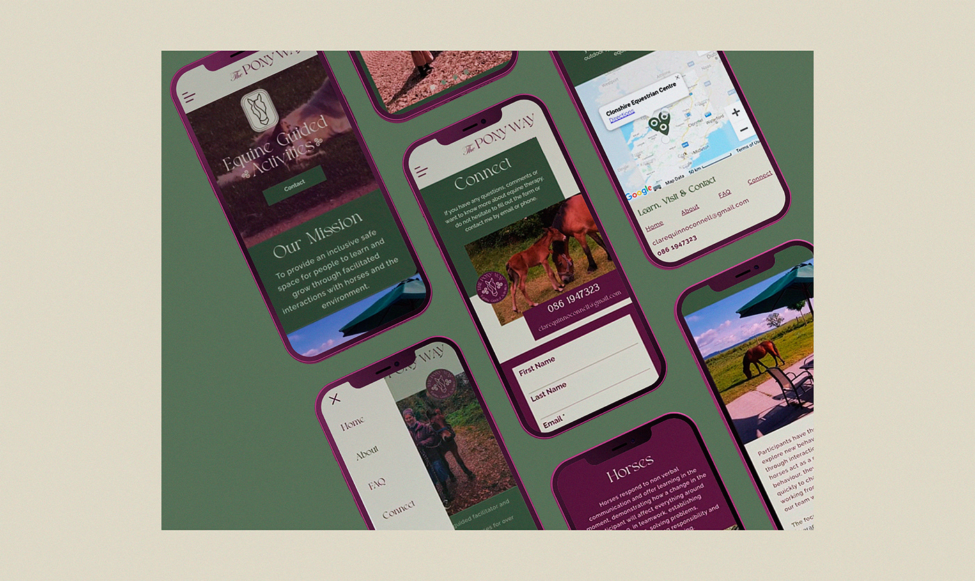 Different screens of the responsive design of The Pony Way website for mobile devices
