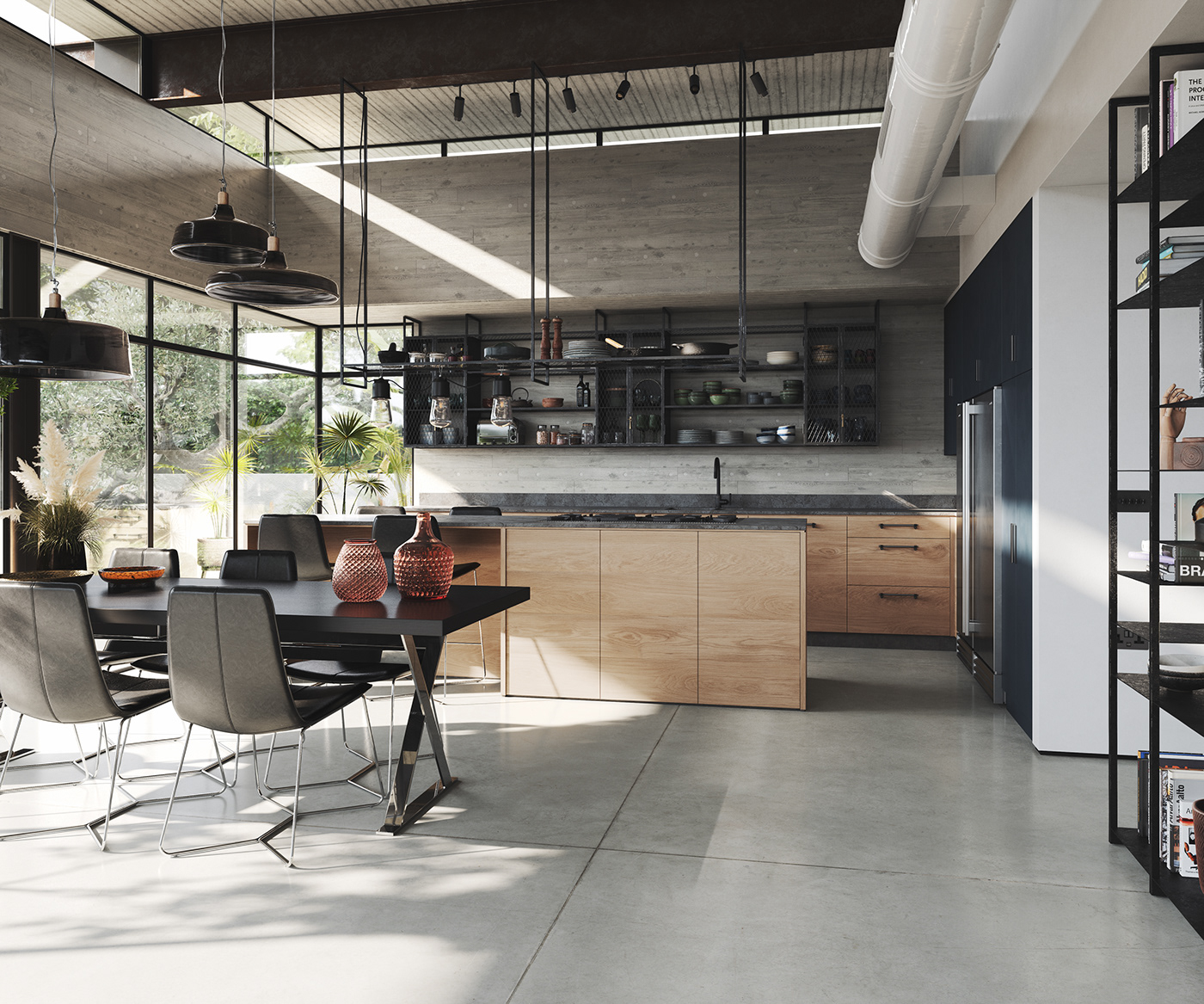 3D architecture archviz concrete FStorm interior design  kitchen modern Render visualization