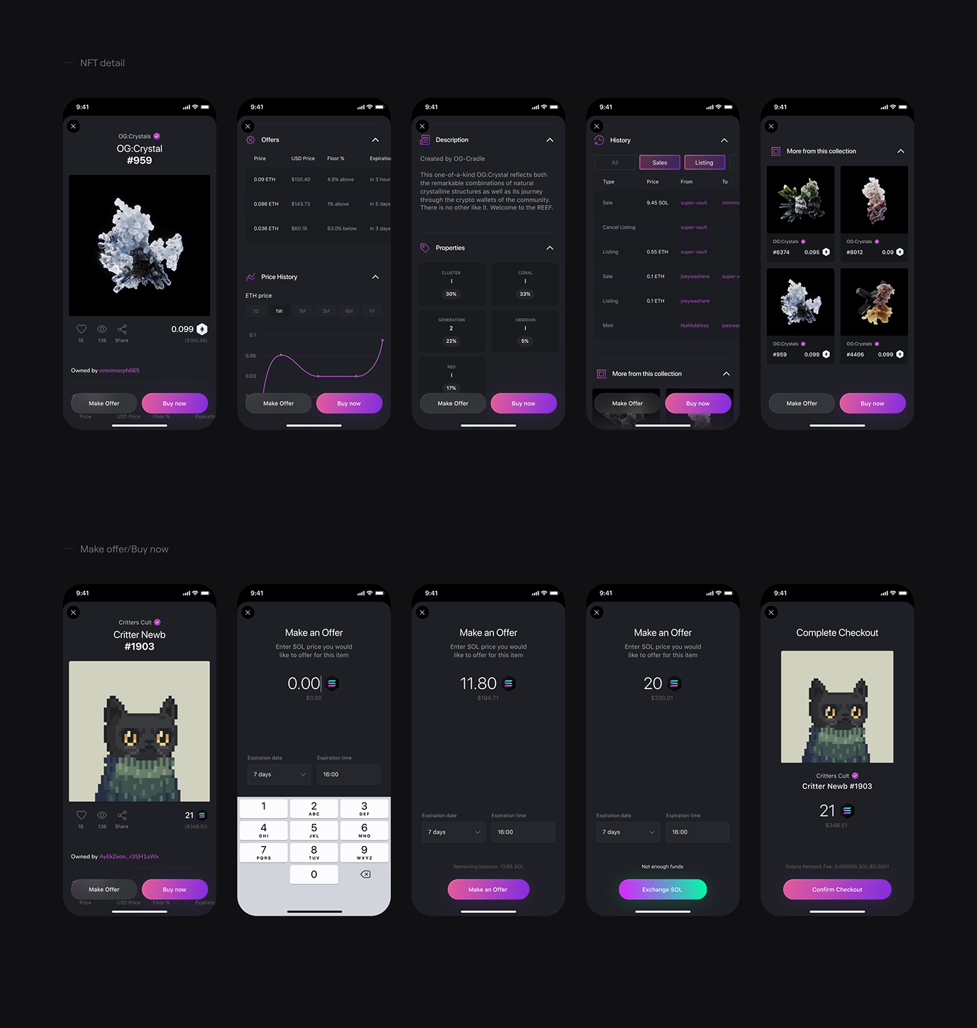 Mobile app UI/UX nft crypto ethereum solana Marketplace product design  ios ux