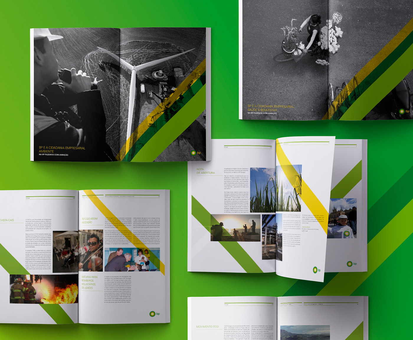 bp green yellow ANNUAL report design Layout graphic diagonal editorial