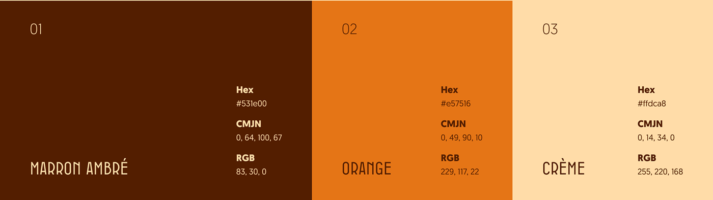 Couleurs du projet : marron, orange et crème