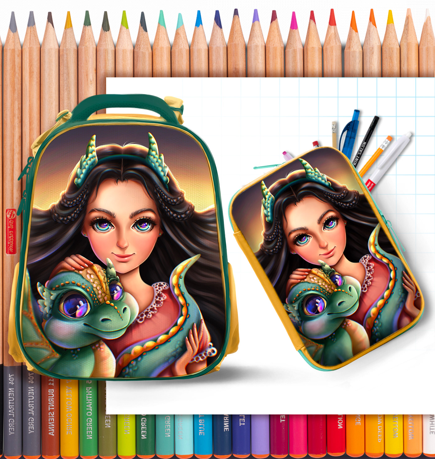 design concept design School Project cute illustration Character design  Character girls cute character pencil cases school backpacks