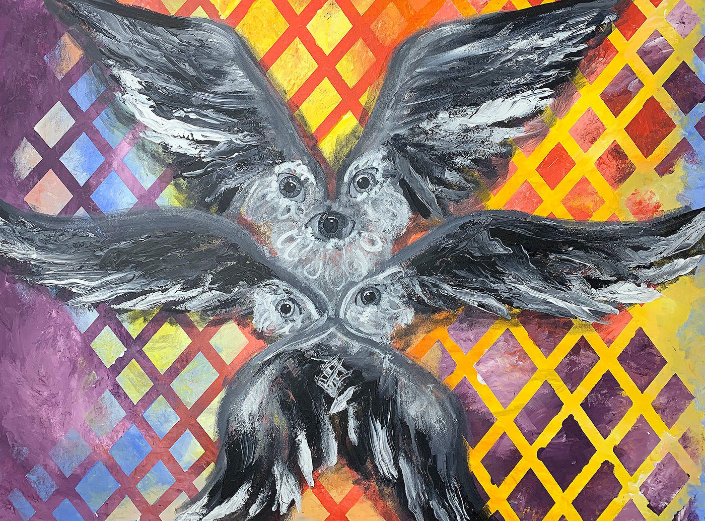 acrylic painting eyes wings canvas fine art contrast geometric brushwork angel