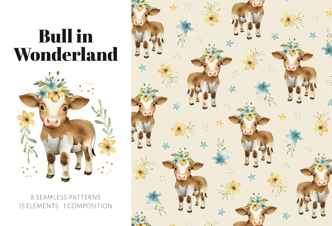 pattern textile baby ILLUSTRATION  watercolor clipart bull floral botanical Digital Art 