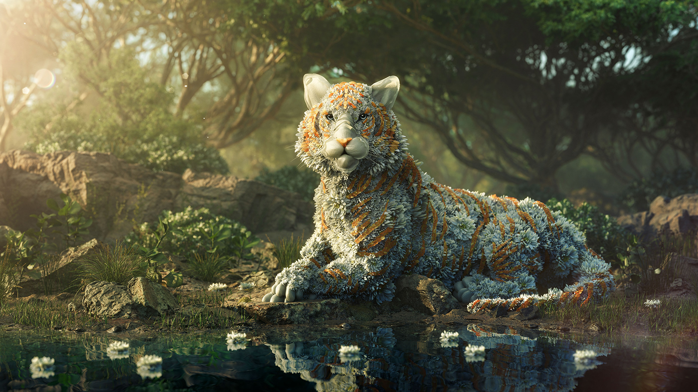 3D animal animation  CGI Flowers Post Production tiger