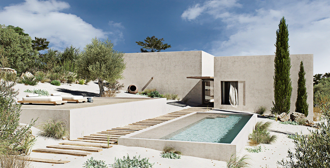 3D Image of an outside pool area of a house in Portugal, Comporta