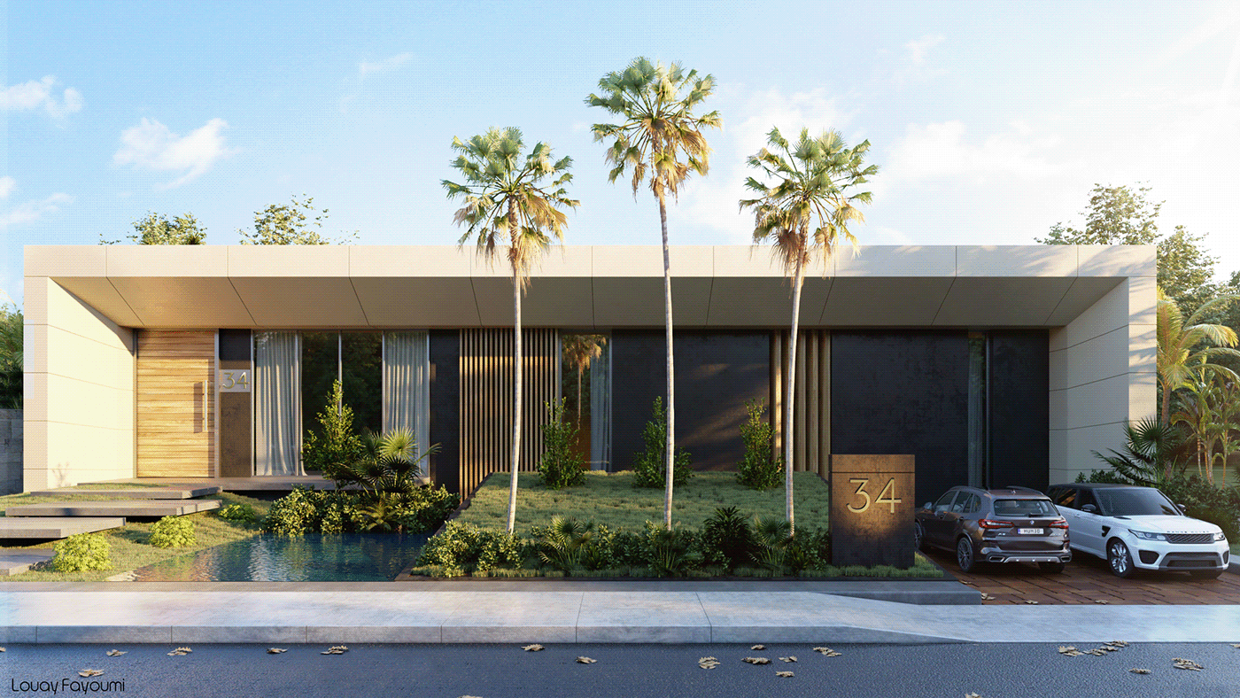 3dmax architecture Cars dubai green Modern Villa palms Render Villa vray