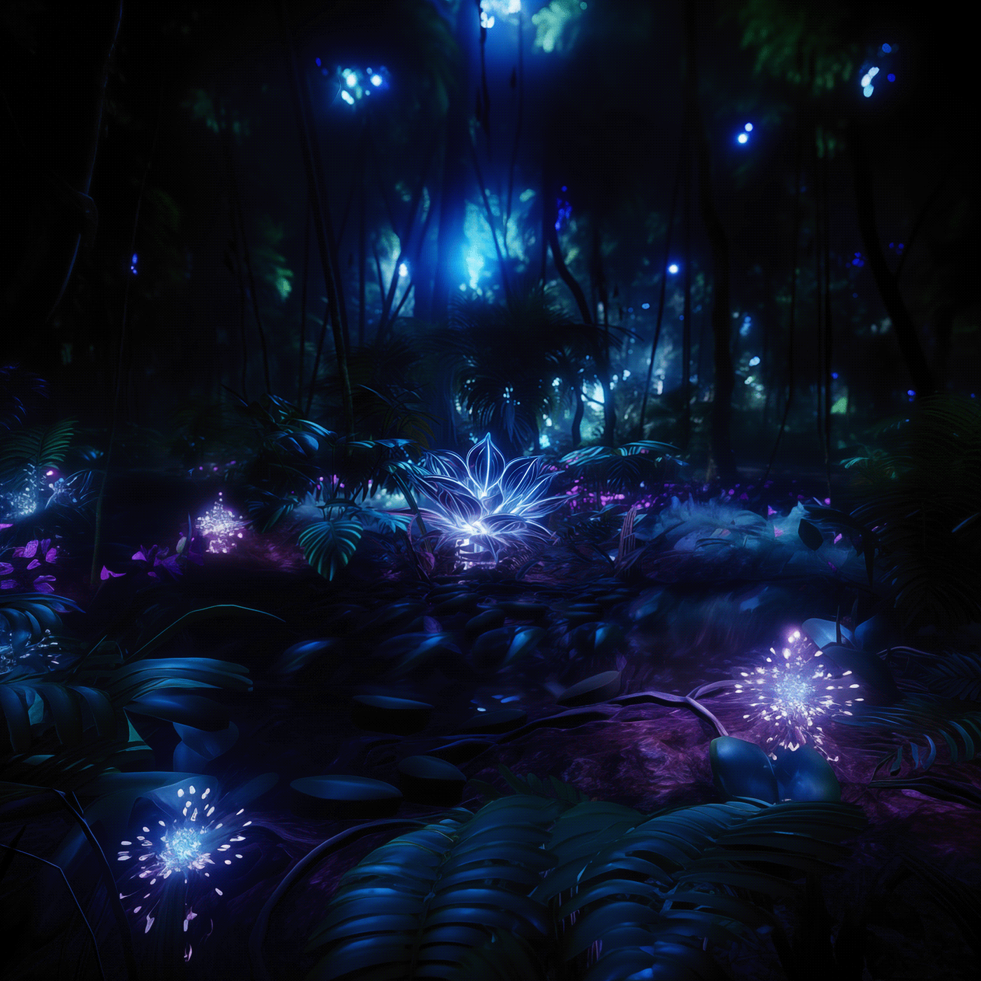 midjourney nature tech magic forest bioluminescence Cyberpunk crystal plants glowing plants utopic material