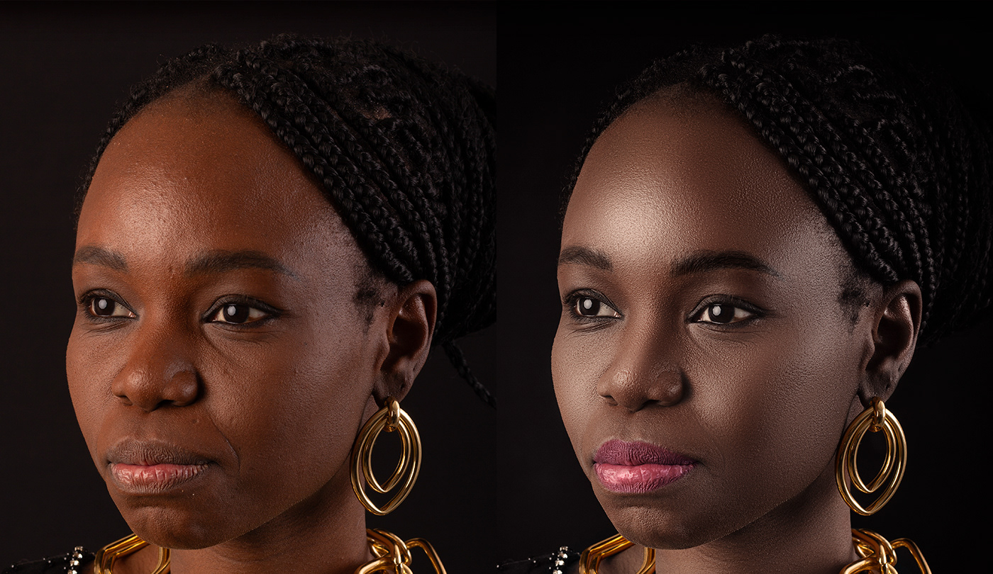 afro woman skin retouching, before and after