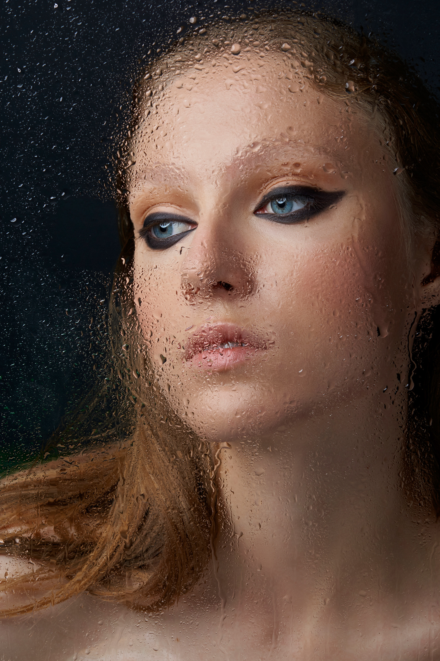 Make Up closeup beauty drops eyes retouch woman portrait glass rain