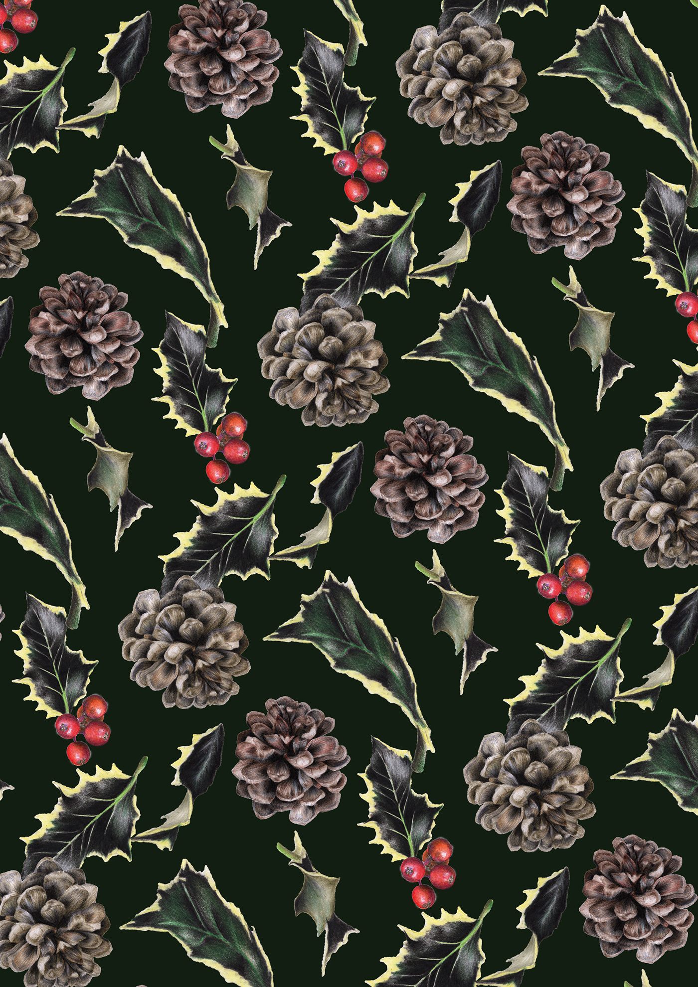 Christmas festive pine cone holly Wrapping paper gift wrap print design  pattern pattern design  textile design 