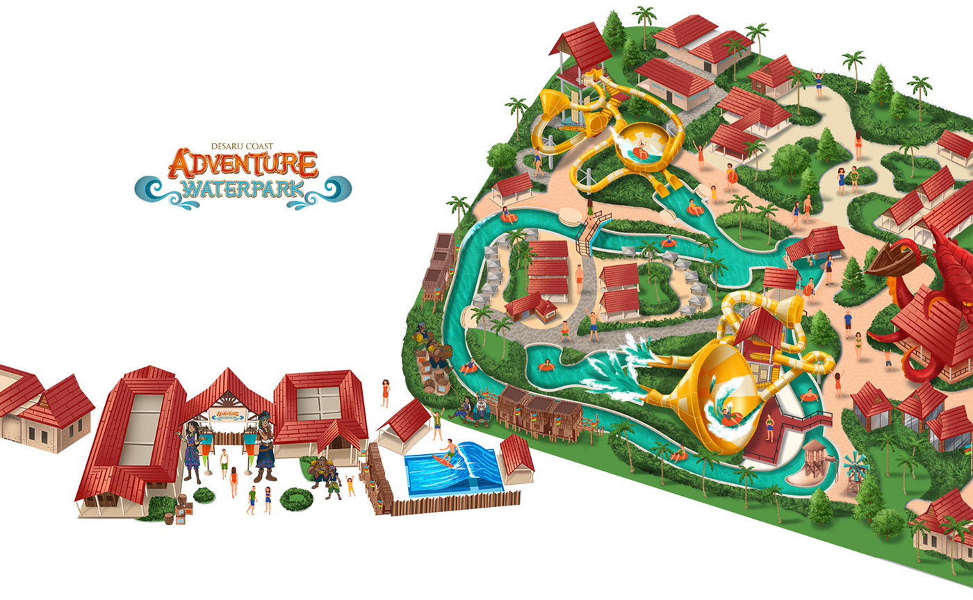 ILLUSTRATION  Theme Park map Drawing  waterpark Fun graphic design