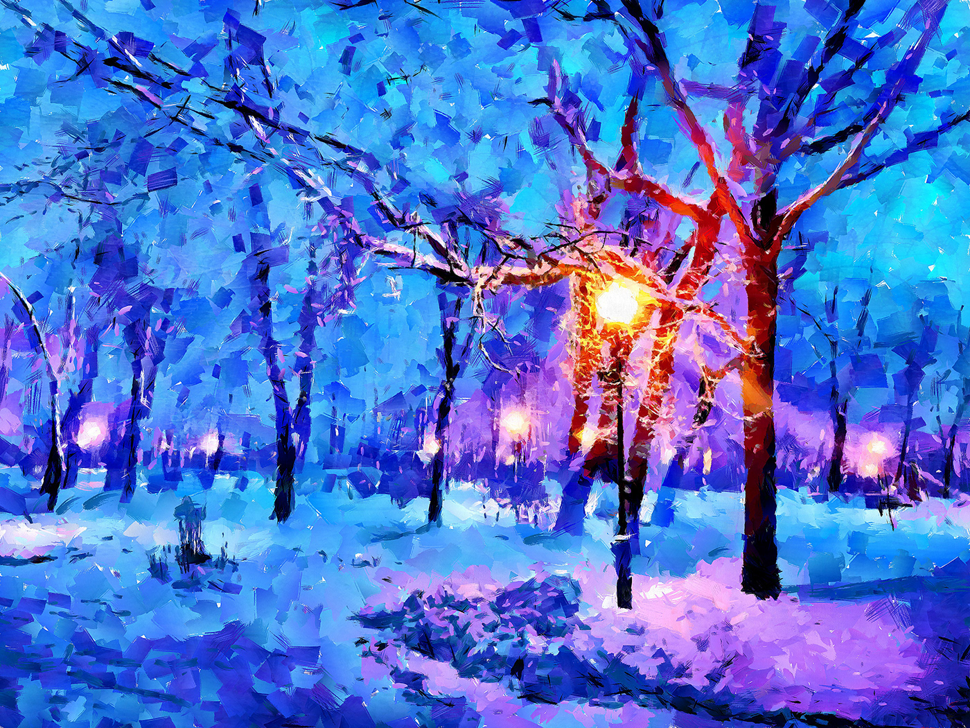 art Evening frost Landscape lights painting   Park snow winter