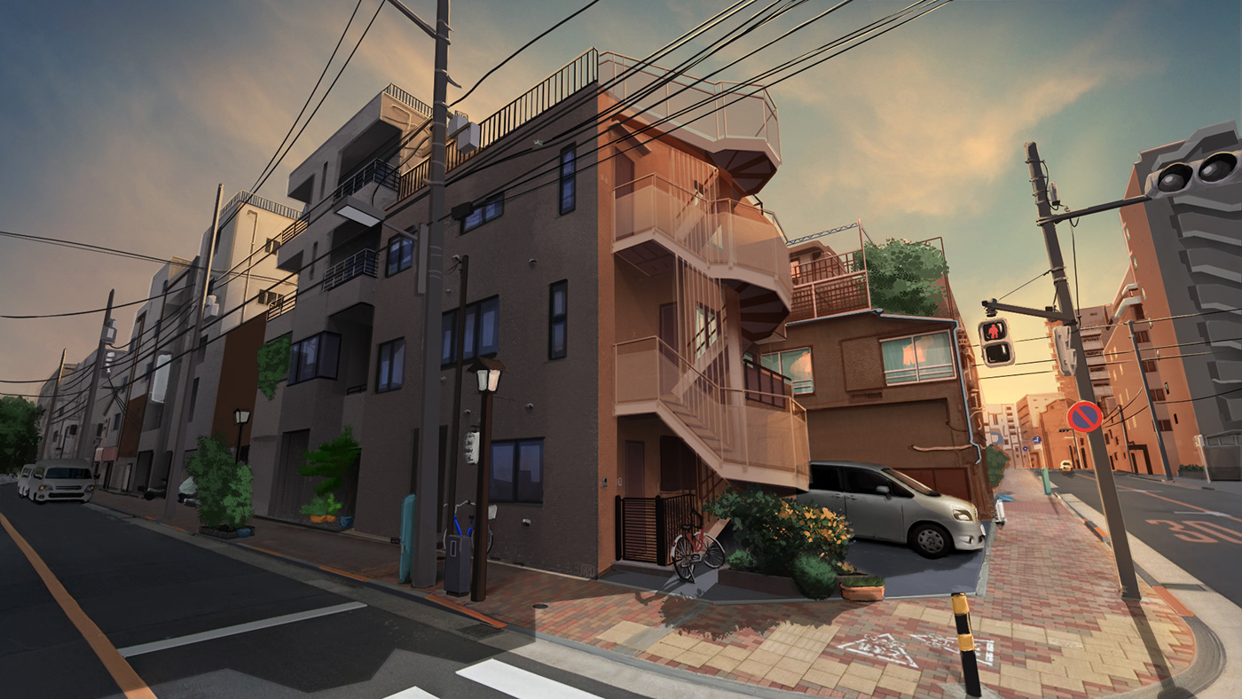 Street city anime background japan Colourful  summer night rain neighbourhood