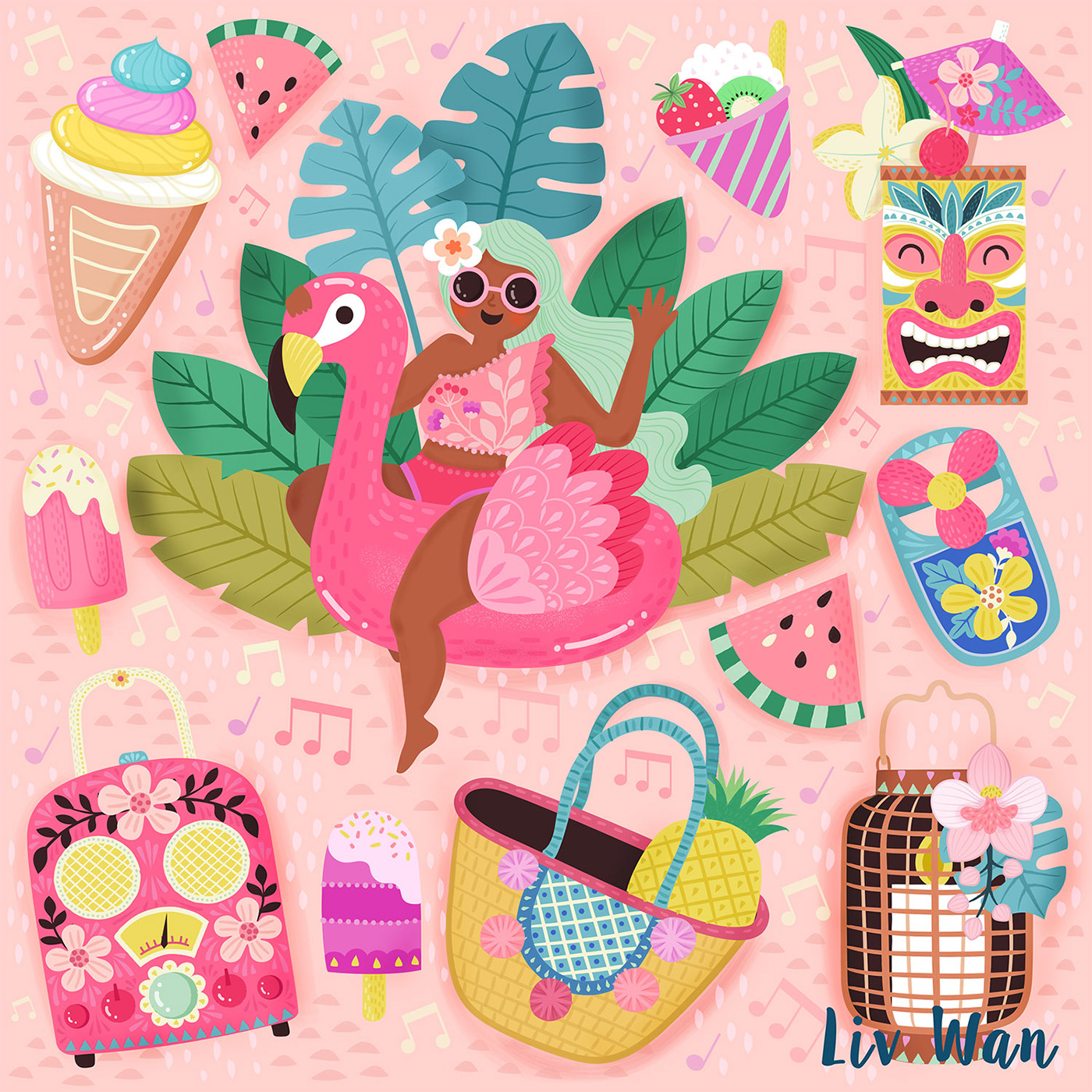 pink summer pool party pattern design Illustrator vector textile design  art licensing Tiki