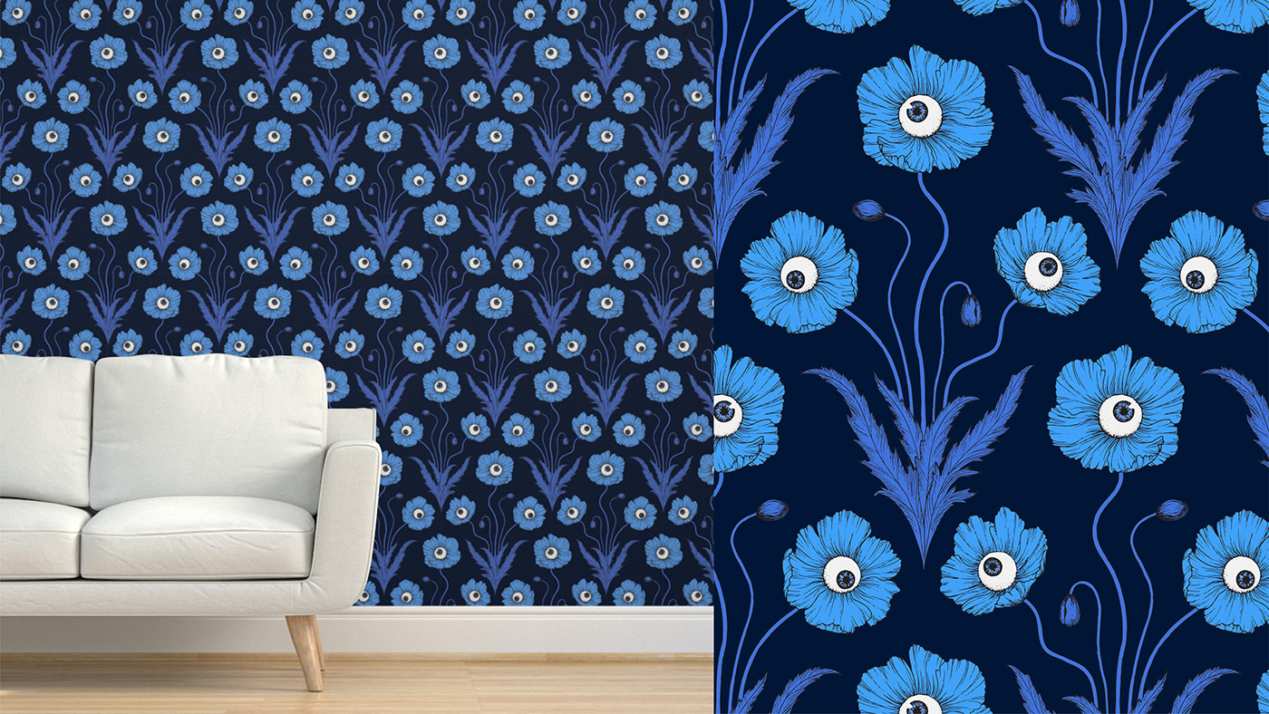 pattern design  surrealism wallpaper Wallpaper design floral eyes graphic design  surface design ILLUSTRATION  spoonflower