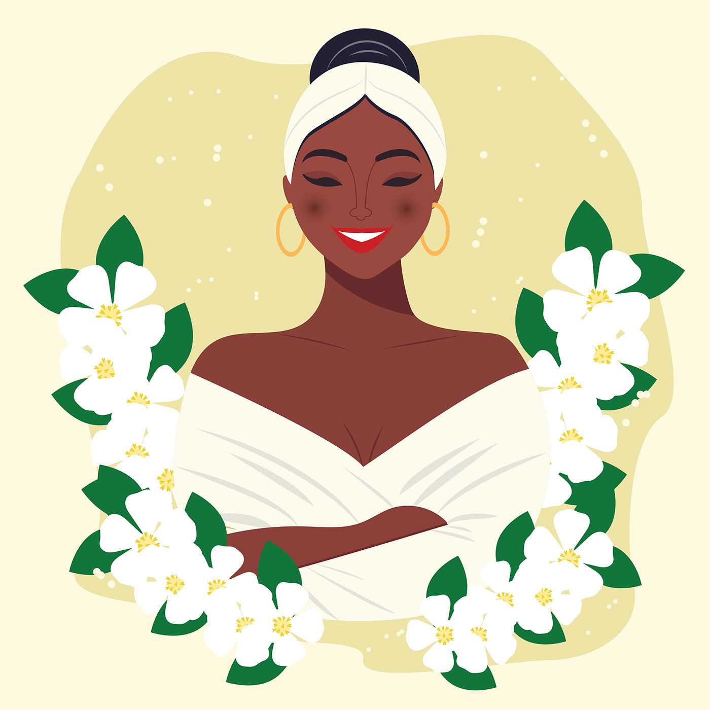 Happy African-American woman with flowers is smiling