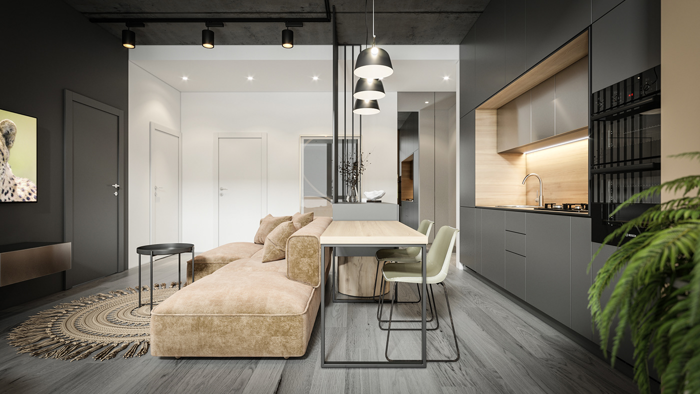 living room design bathroom corona Render visualization dark kitchen modern