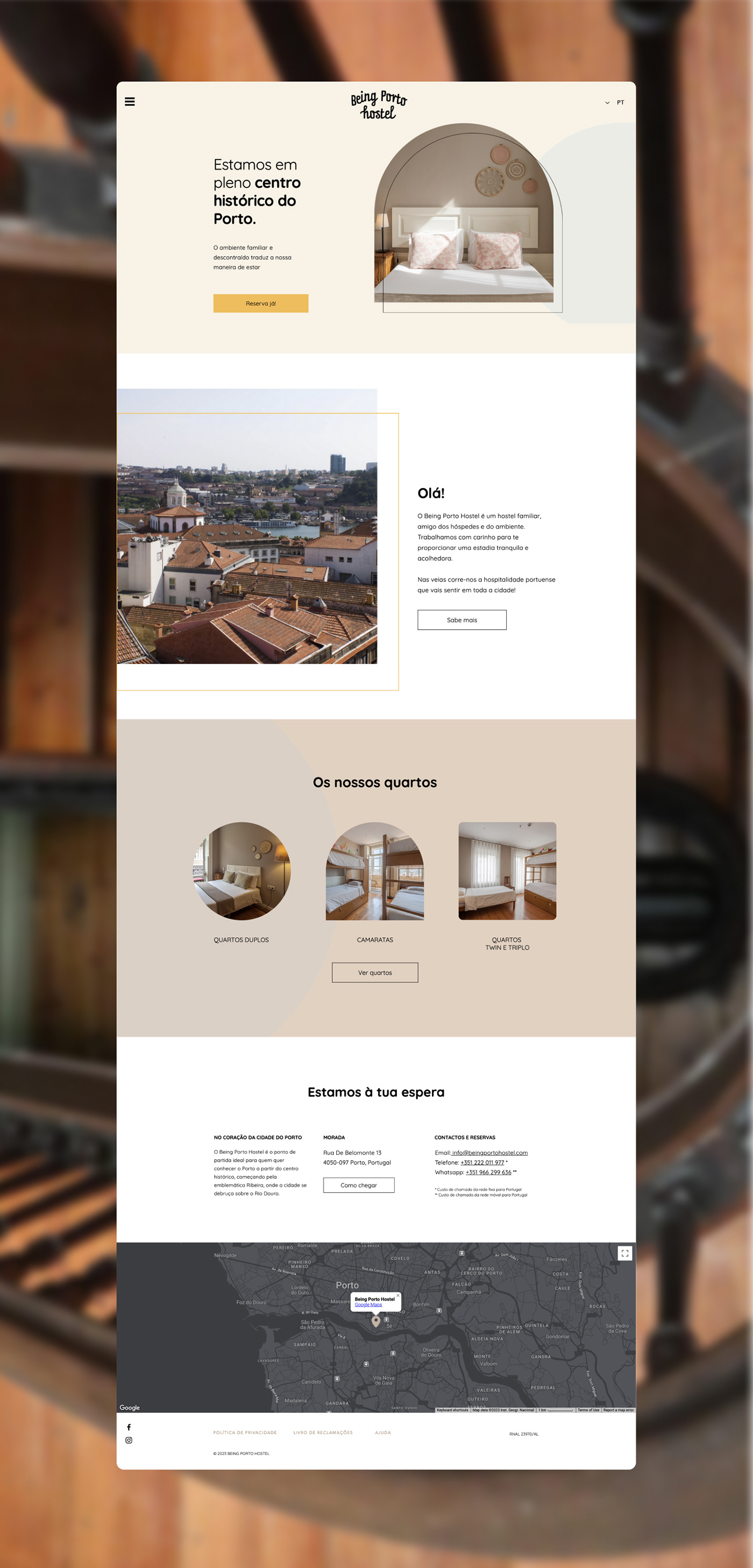 Desktop homepage design of Being Hostel Porto