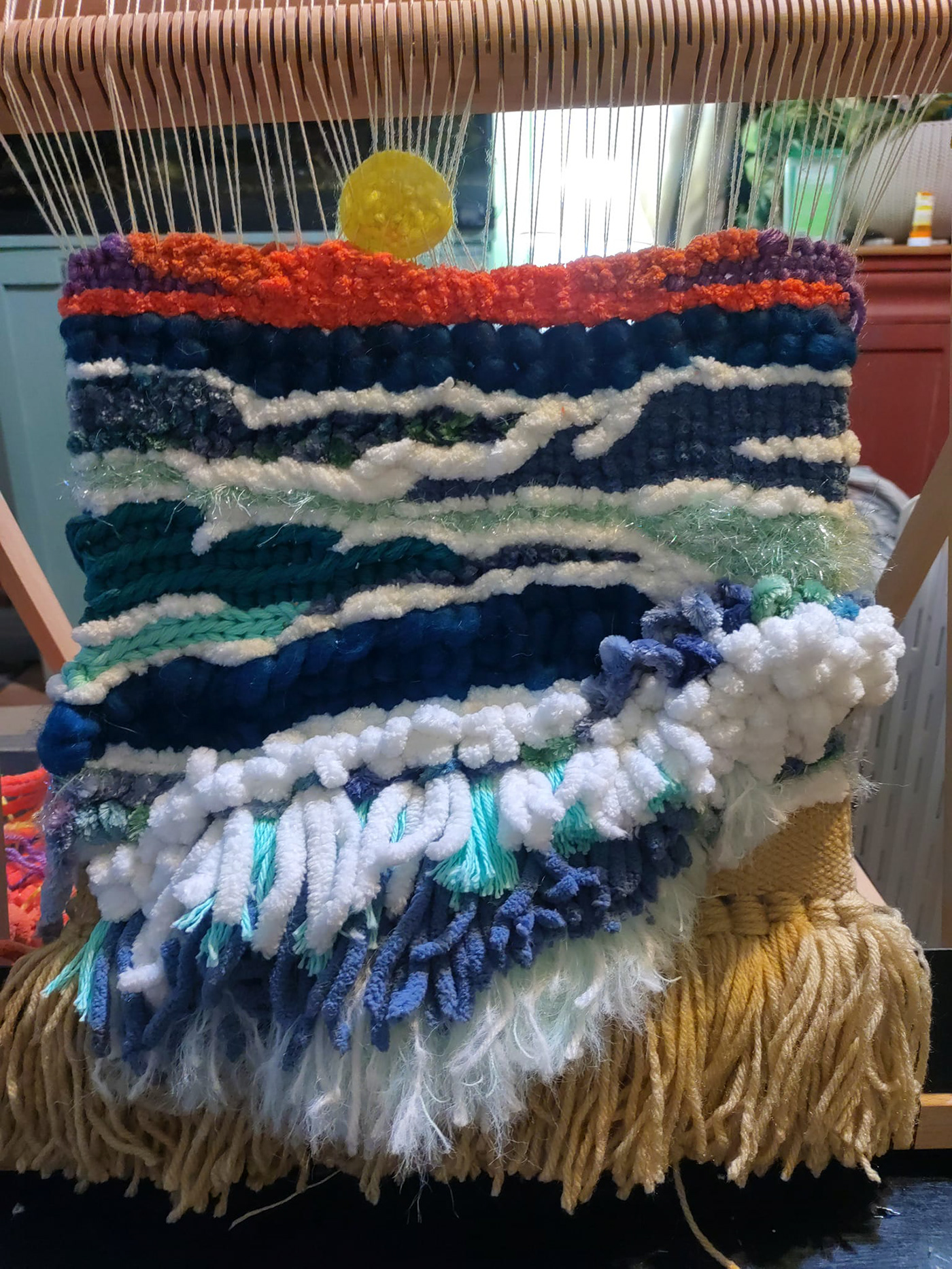 weaving textile design  yarn Ocean Fabric Art waves Sunrise wallart red sky weaving loom
