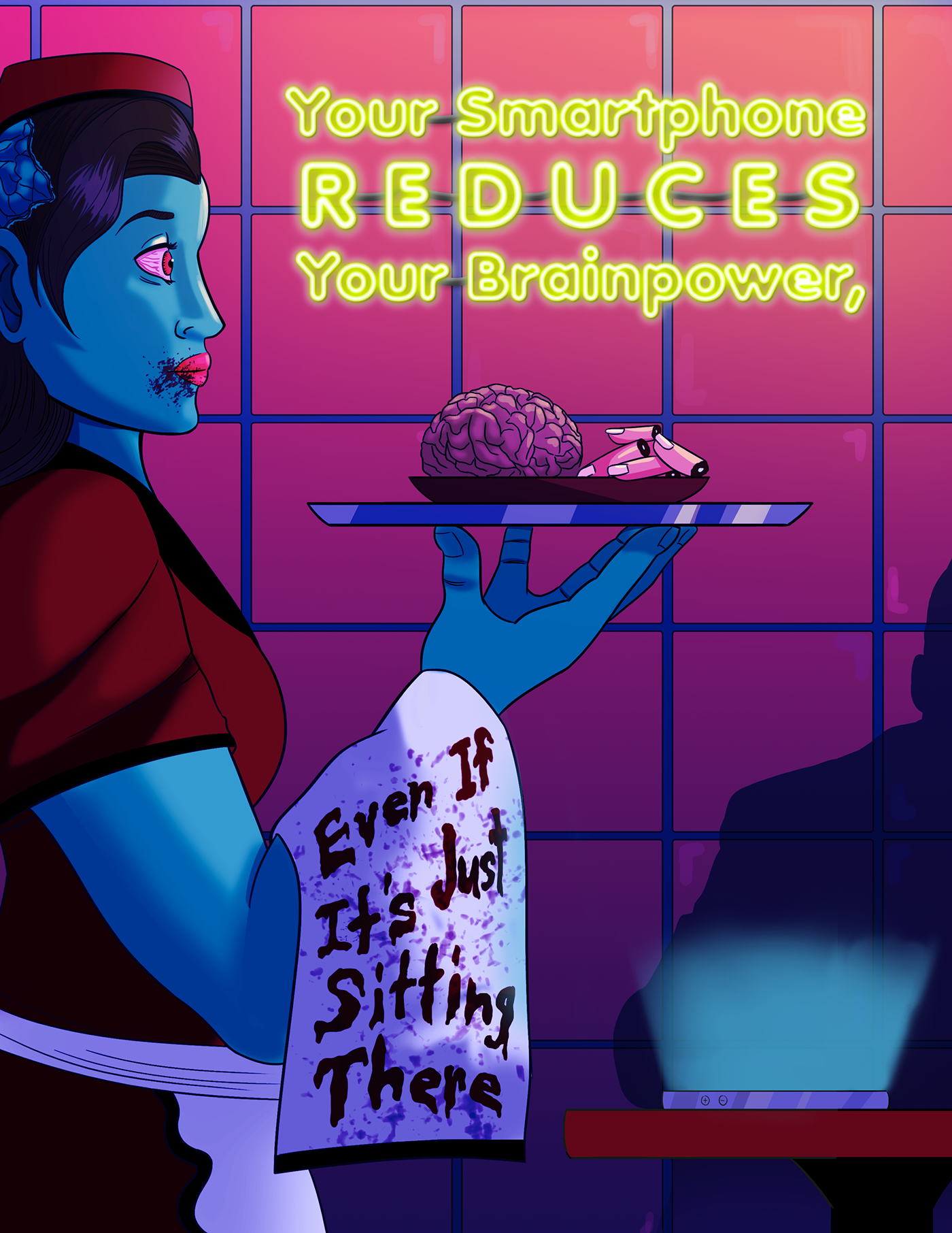 zombie editorial magazine article diner 50s Original Art waitress smartphone brain