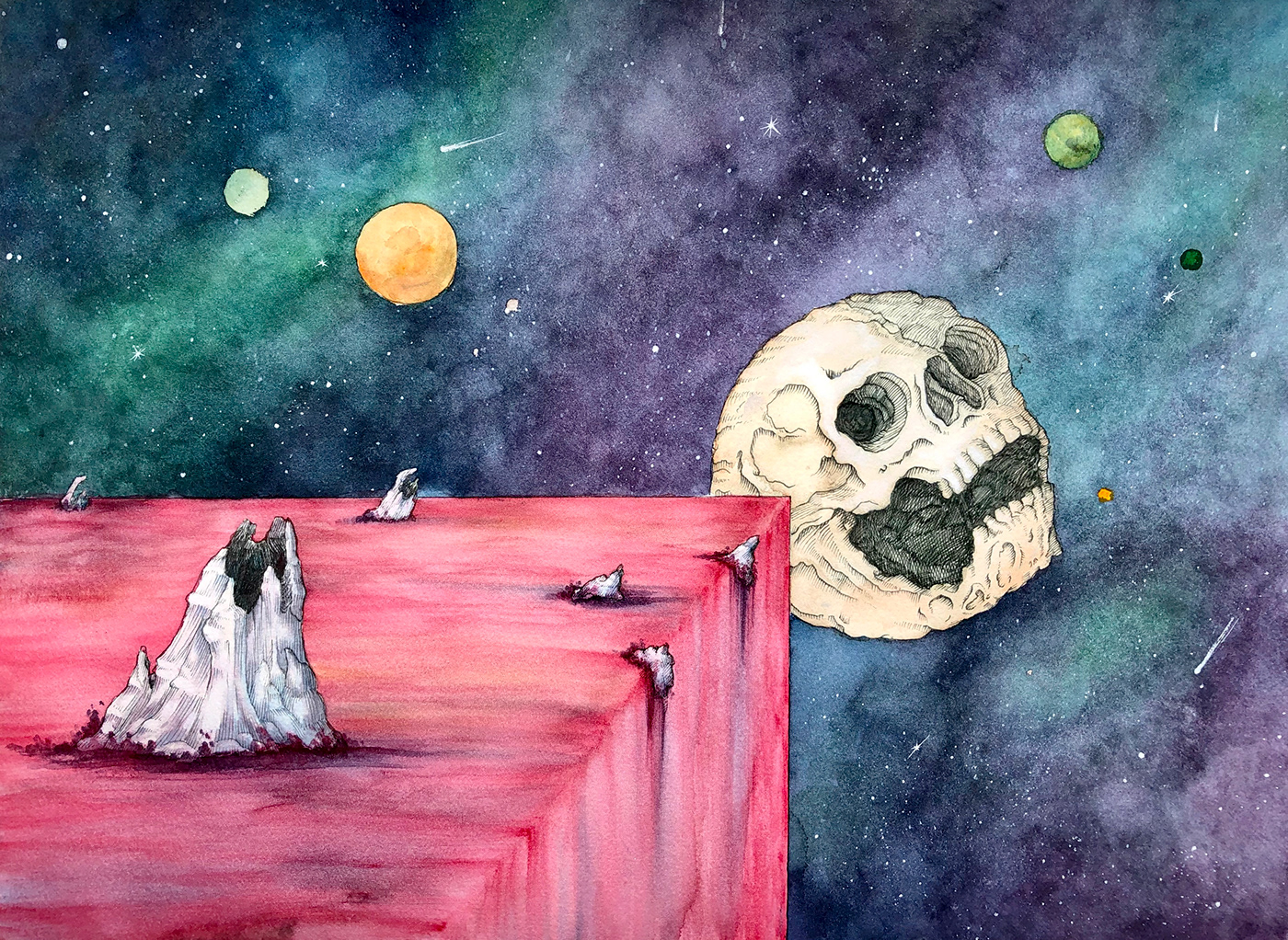 creepy dark art death metal Heavy horror ink painting   skull Space  watercolor