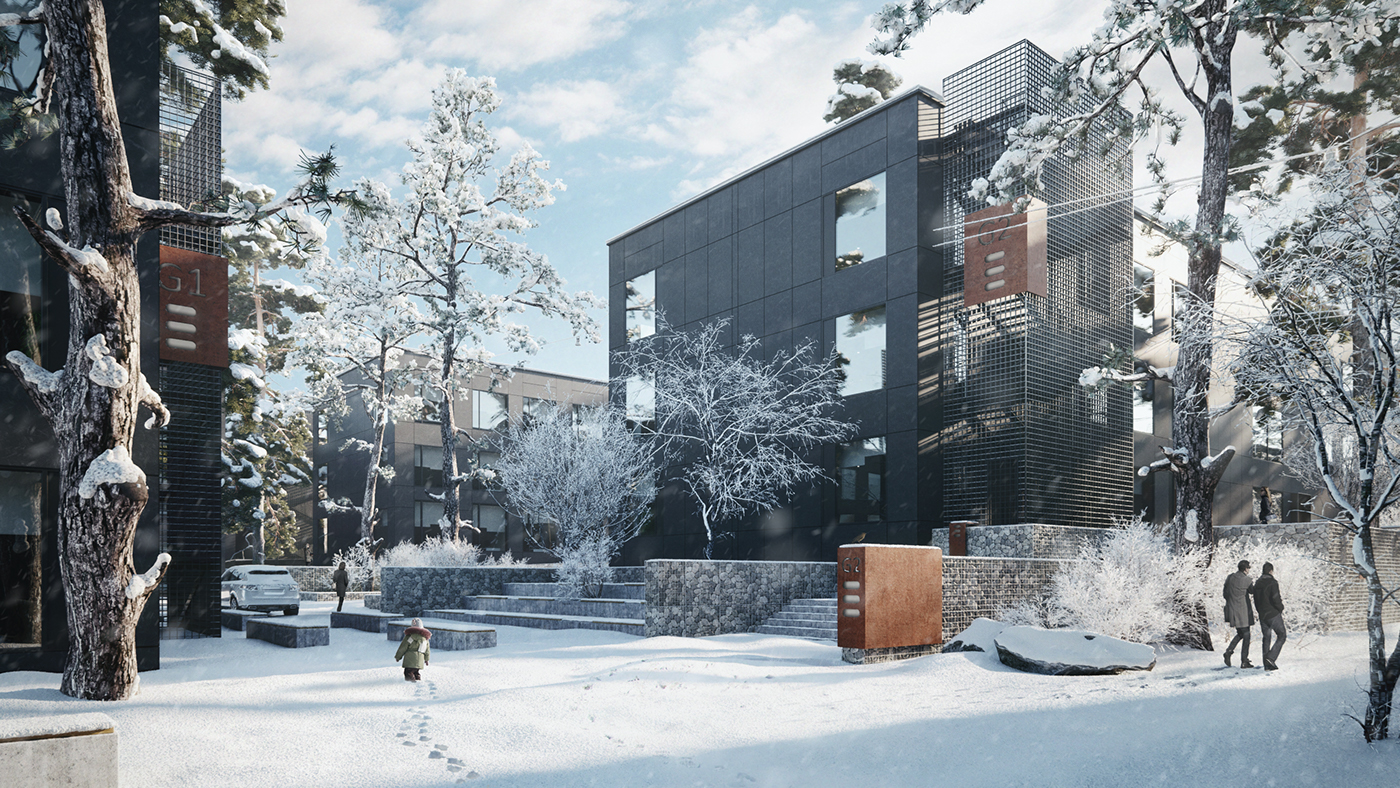 architecture 3D visualization Office exterior winter Evening pinetree