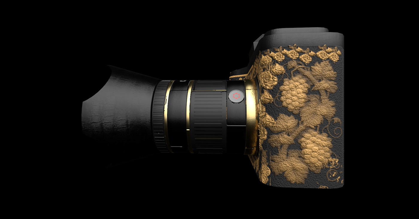 Side profile of a luxurious golden DSLR camera showcasing intricate texture and design