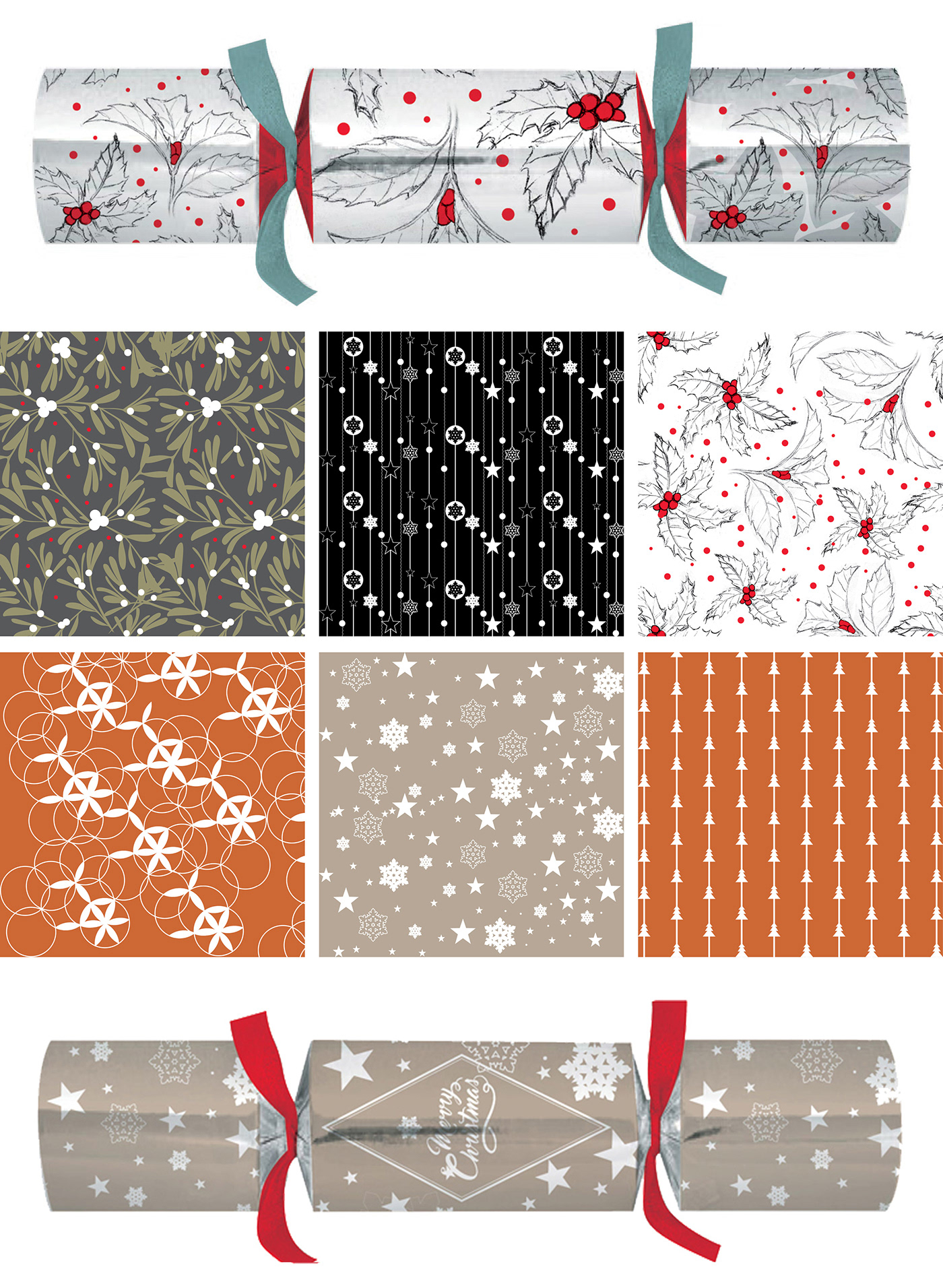 Textile prints created for Christmas using a combination of traditional and digital methods