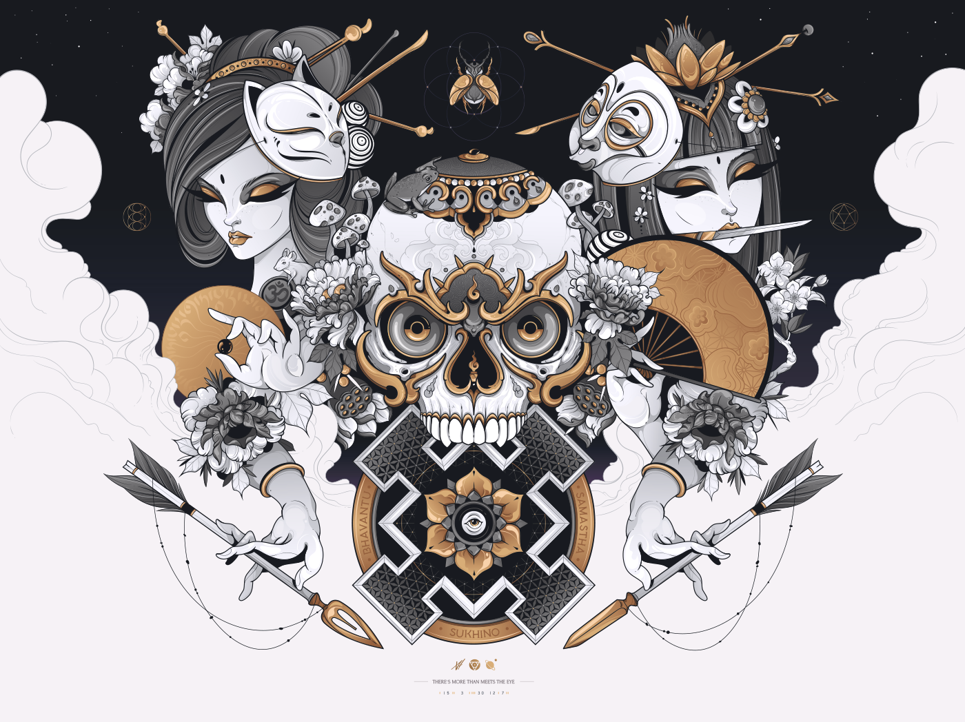 Vector Illustration tibetan skull mantra tattoo design geisha goddess lotus flower asian masks asian flower skate deck design