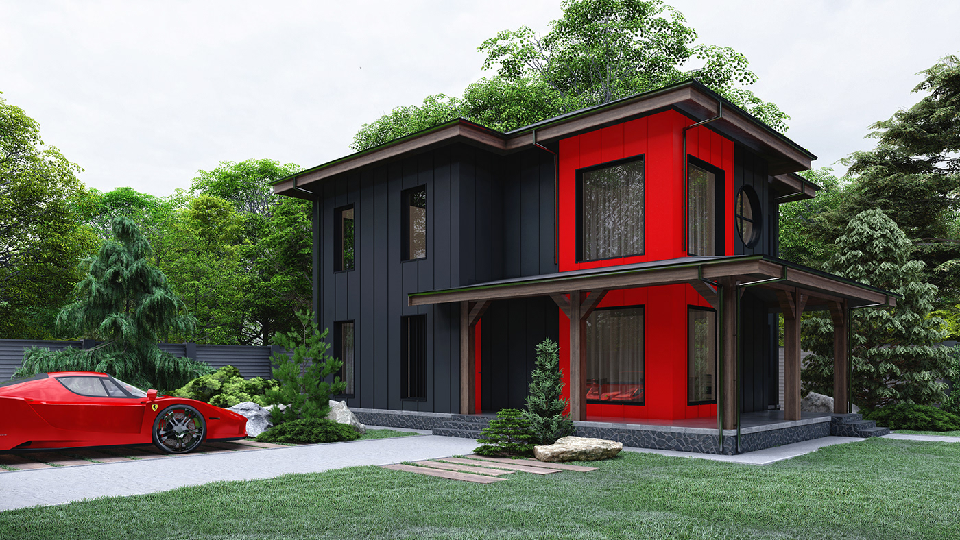ArchiCAD architecture contemporary lumion visualization exterior design black and red