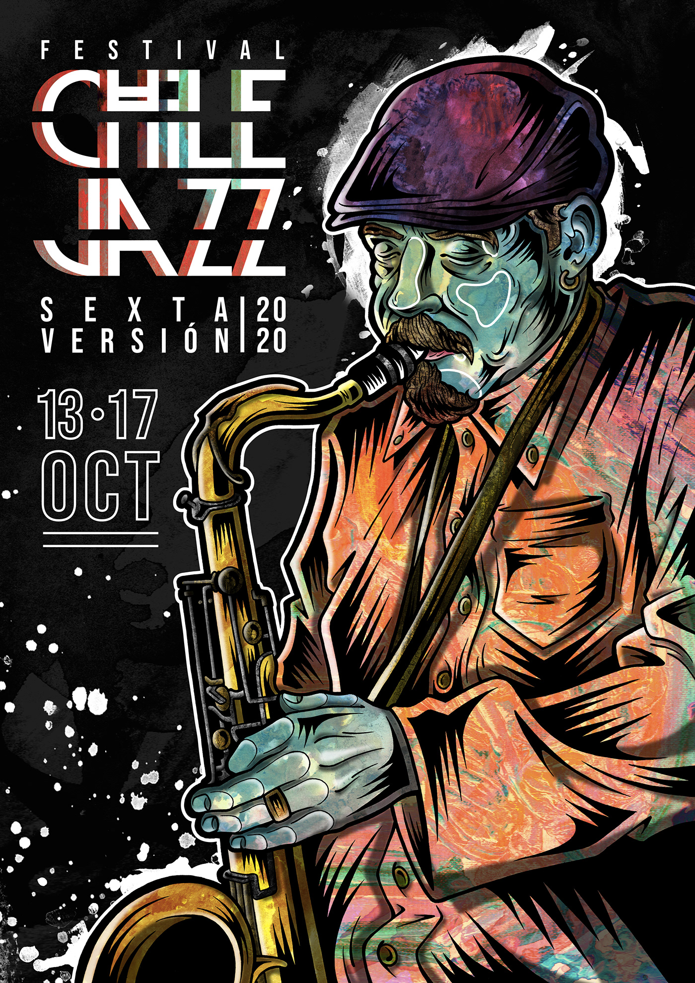 chile festival ILLUSTRATION  jazz music saxofon sexta version splash textures watercolor