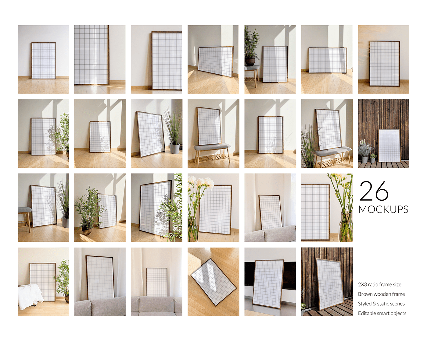 26 2x3 ratio brown wooden frame adjustable .psd mockups download in a minimalist, sunny interior